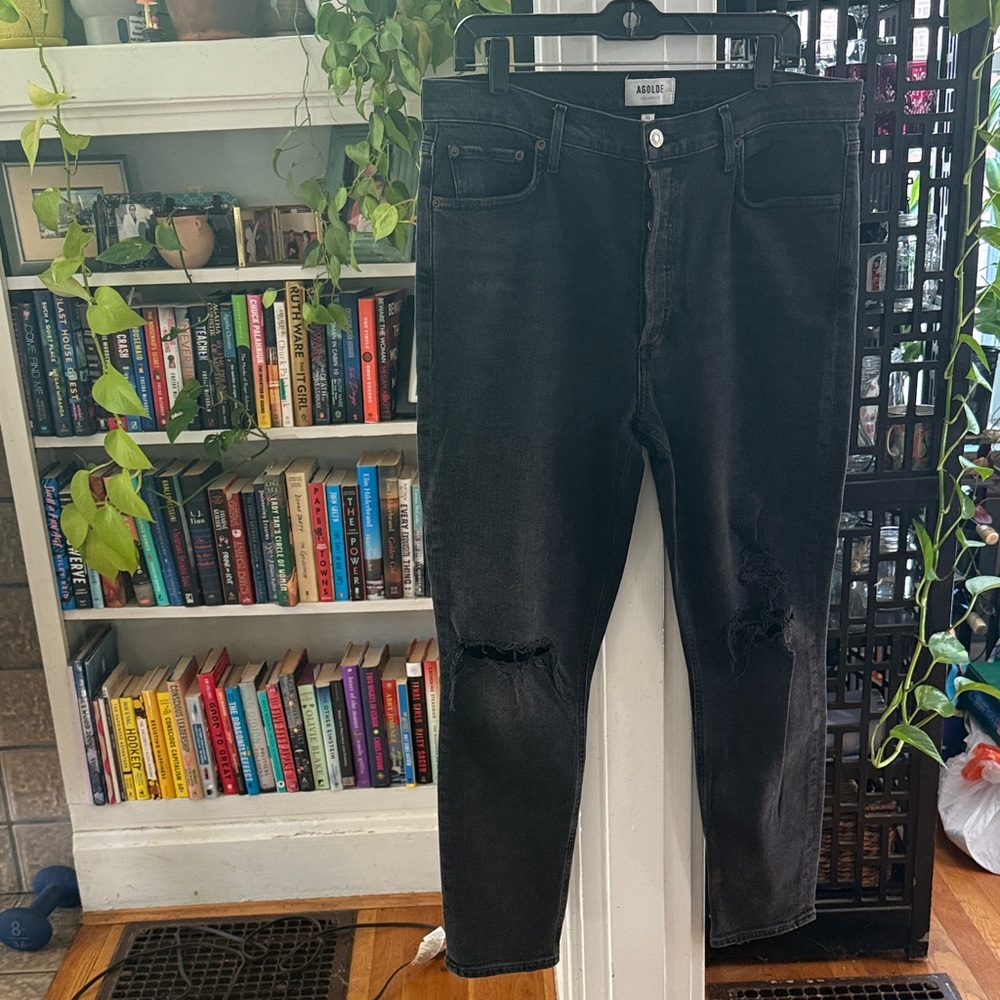 Agolde Charcoal Denim Jeans - high rise, distressed